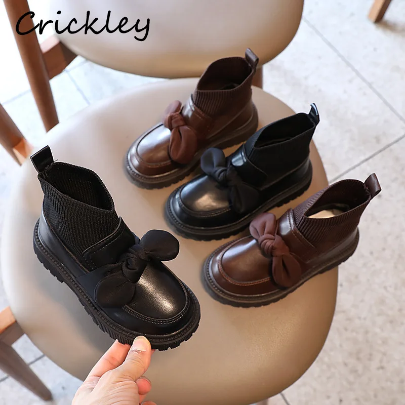 

Детские вязаные ботильоны принцессы из искусственной кожи без застежек с бантиком, Осенние Нескользящие ботинки с мягкой подошвой для дево...