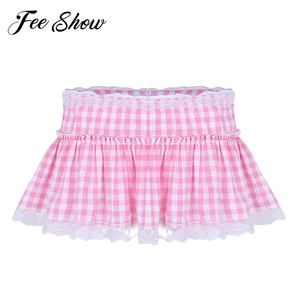 Женские Соблазнительные Клубные костюмы, блестящая Короткая юбка для школьниц с кружевным подолом, плиссированные мужские трапециевидные мини-юбки для косплея