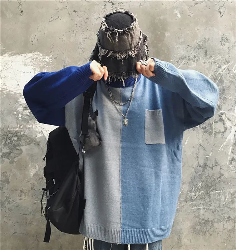Winter Turtleneck Sweater Men's Warm Fashion Contrast Casual Knit Pullover Men Streetwear Hip Hop Knitting Sweaters Male Clothes