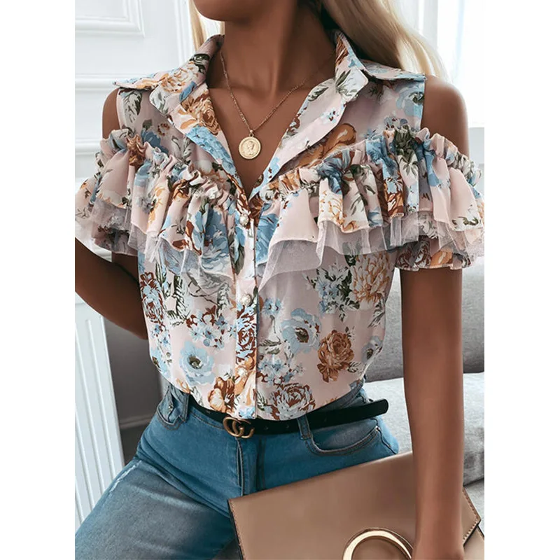 

Women's Floral Print Blouse Summer Ruffles Turn-down Collar Top Shirt Elegant Slim Blusas Boho Blouses And Shirts Female