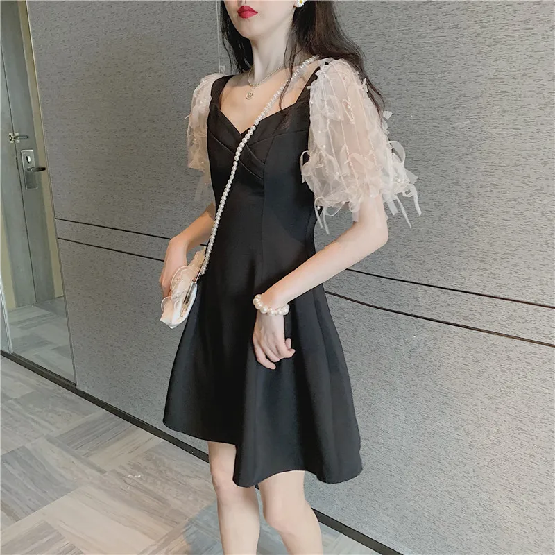 

Film sleeve characteristic tassel v-neck joker show thin black dress