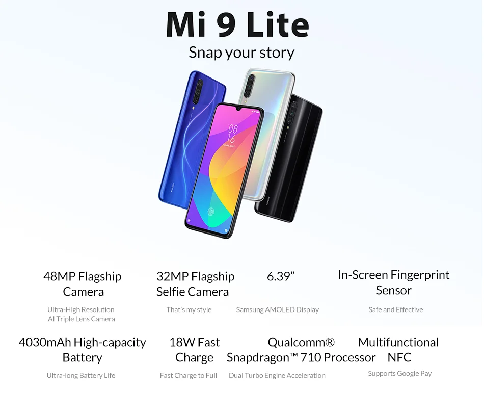 Глобальная версия Xiaomi Mi 9 Lite 6,3" AMOLED 48MP камеры 6 ГБ 64 Гб мобильный телефон Восьмиядерный мобильный телефон Snapdragon 710 4030 мАч