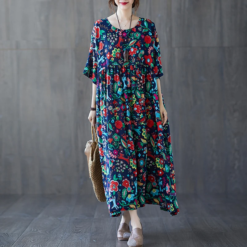 

One Piece Women'S Clothing Plus Size 4XL 5XL 6XL Vintage Loose Big Swing Print Dress Robe Short Sleeve Cotton Linen Dresses New