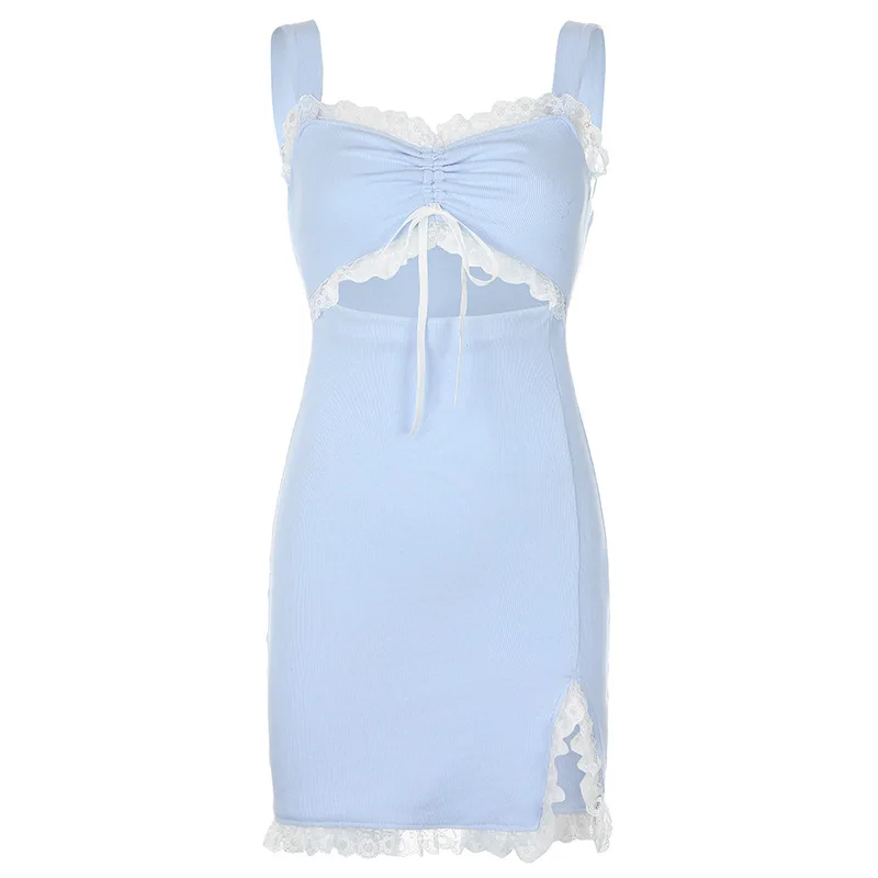 

90s Solid Color Lace Sexy Bodycon Dress Split Summer Mini Strap Dresses Ladies Hallow Out Waist Sleeveless Short Camis Dress Y2K
