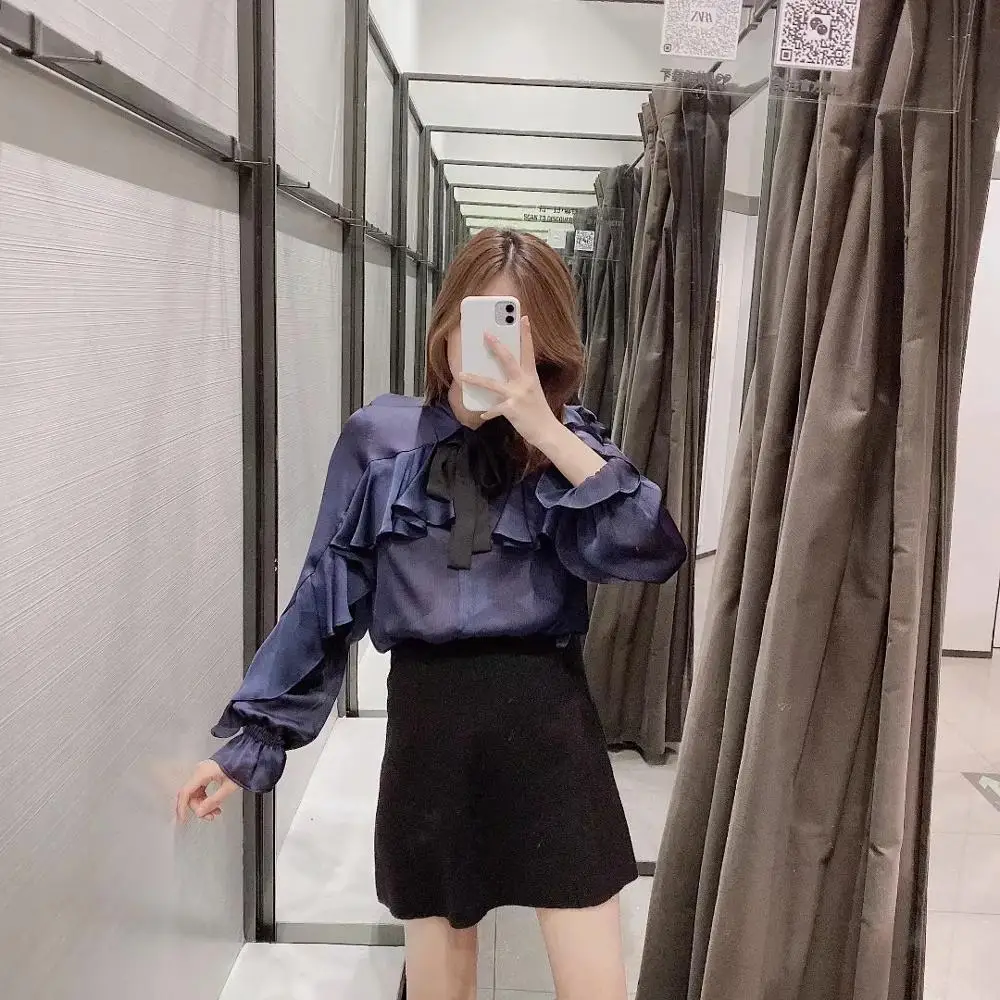 Женская блузка с оборками ZA фиолетовая Повседневная Блузка бантом и