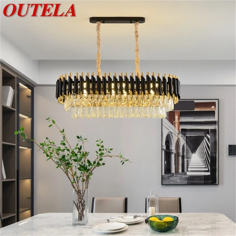

OUTELA Black Chandelier Fixtures Postmodern Luxury Crystal Rectangle Pendant Lamp Light Home LED for Living Dining Room