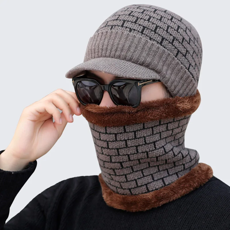 Мужская трикотажная шапка с воротником вязаная флисовая утолщенная комплект ASD88