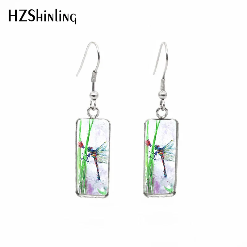 Прямоугольные серьги с котом и стрекозой цветные Серьги стрекозы стеклянные