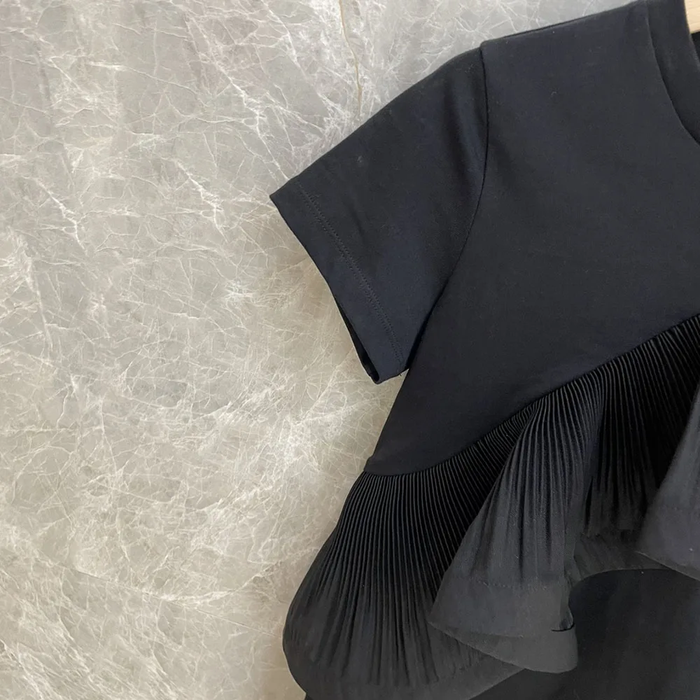 

2021 Summer New Korean Fashion T-Shirt Solid Color Simplicity Round Neck Ruffle Summer Casual Loose Designer Hot Sale