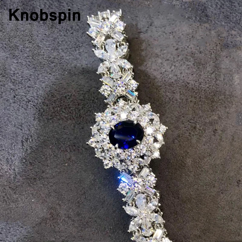 

Knobspin 100% 925 Sterling Silver Flowers Super Shining Blue Bracelets For Girl Friend Wedding Engagement Fine Jewelry Set Gift
