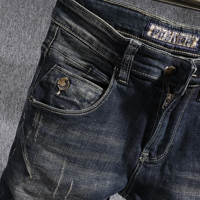 European Street Fashion Men Jeans Retro Distressed Washed Slim Fit Ripped Jeans Men Spliced Designer Hip Hop Denim Punk Pants