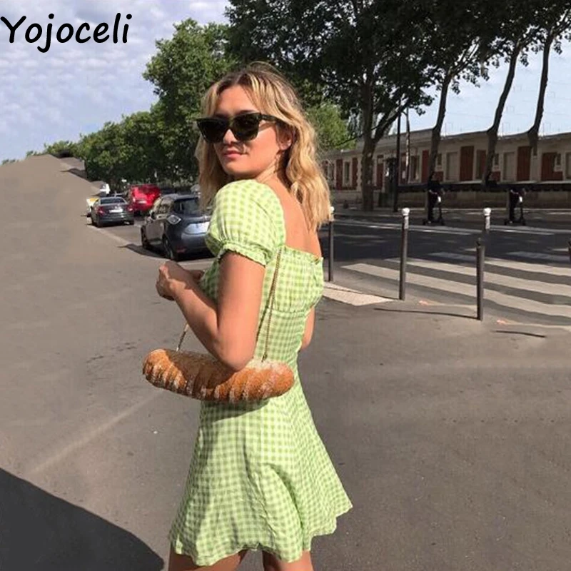 Yojoceli элегантное клетчатое короткое платье с рюшами женское летнее повседневное