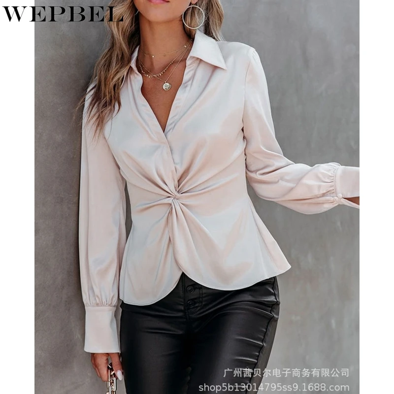 

WEPBEL Fashion Long Sleeve Shirt Women's Casual Slim Fit Pleated Irregular Shirt Autumn Solid Color Turn-down Collar Shirt