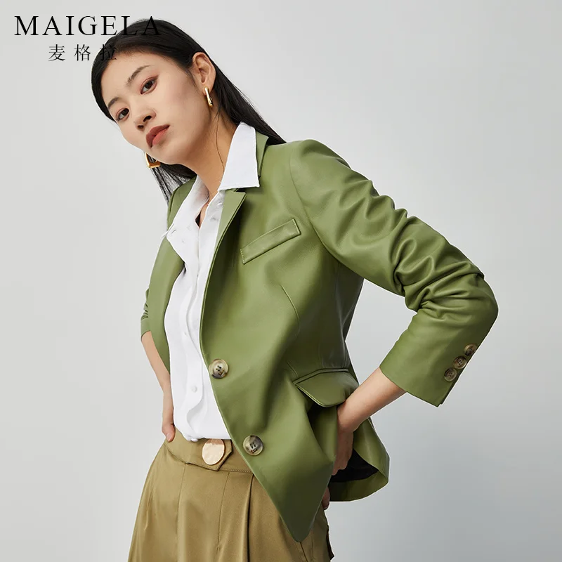 

Женская Короткая кожаная куртка с воротником-костюмом, осень 2021