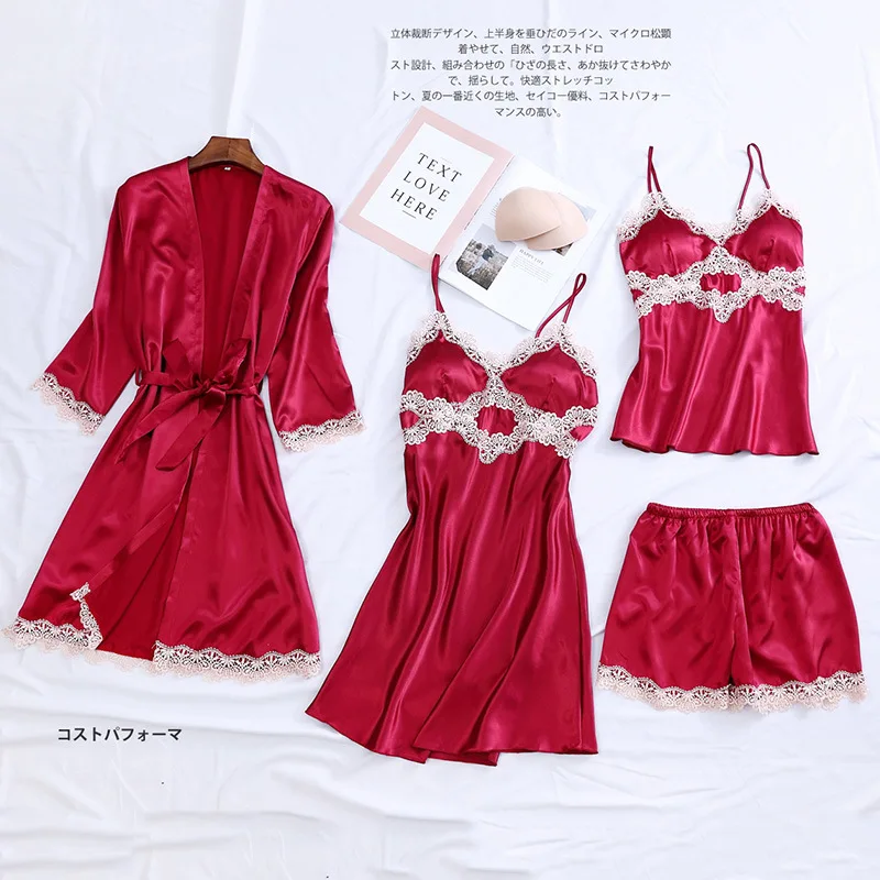 

Pink Silk Pajamas For Women Sexy Lace Trimmed Nightwear Satin Pajamas With Shorts 4-Piece Sleepwear Suits Casual Home Clothes