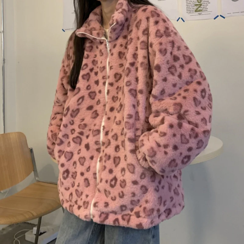 

Autumn and Winter Korean 2021 New Imitation Rabbit Plush Warm Loose Plush Long Sleeve Coat Love Leopard Print Top Women's