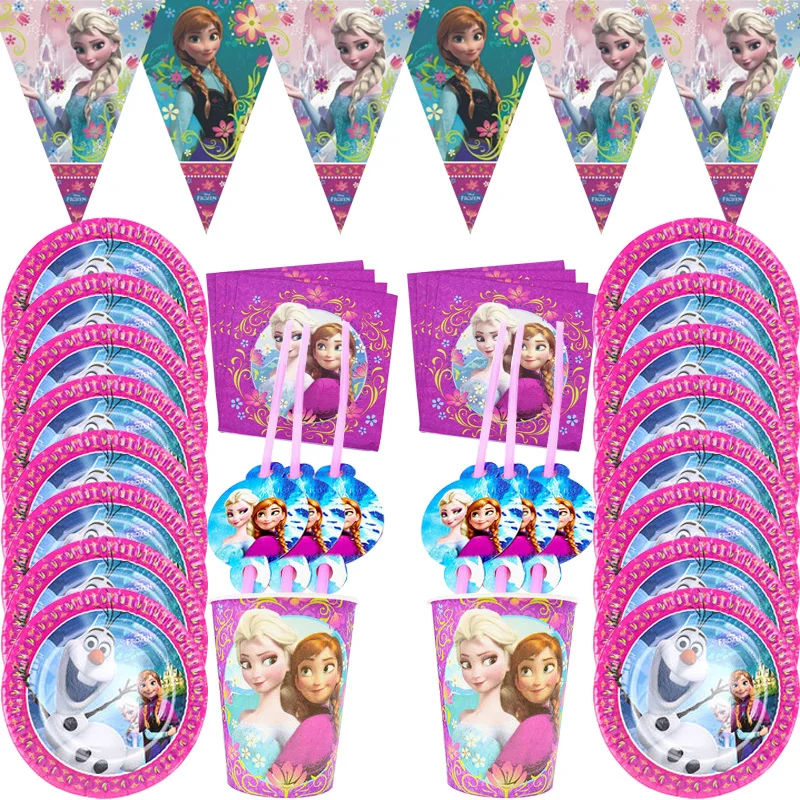 

65pcs/lot Disney Anna Elsa Princess Birthday Party Decorations Kids Disposable Tableware Birthday Party Decor Supplies