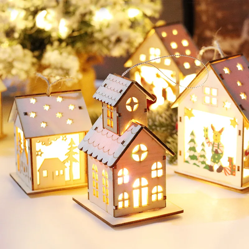 

Christmas Decorations Luminous Cabin Wood Snow House Christmas Tree Decoration DIY2022 New Year Gift Window Decoration