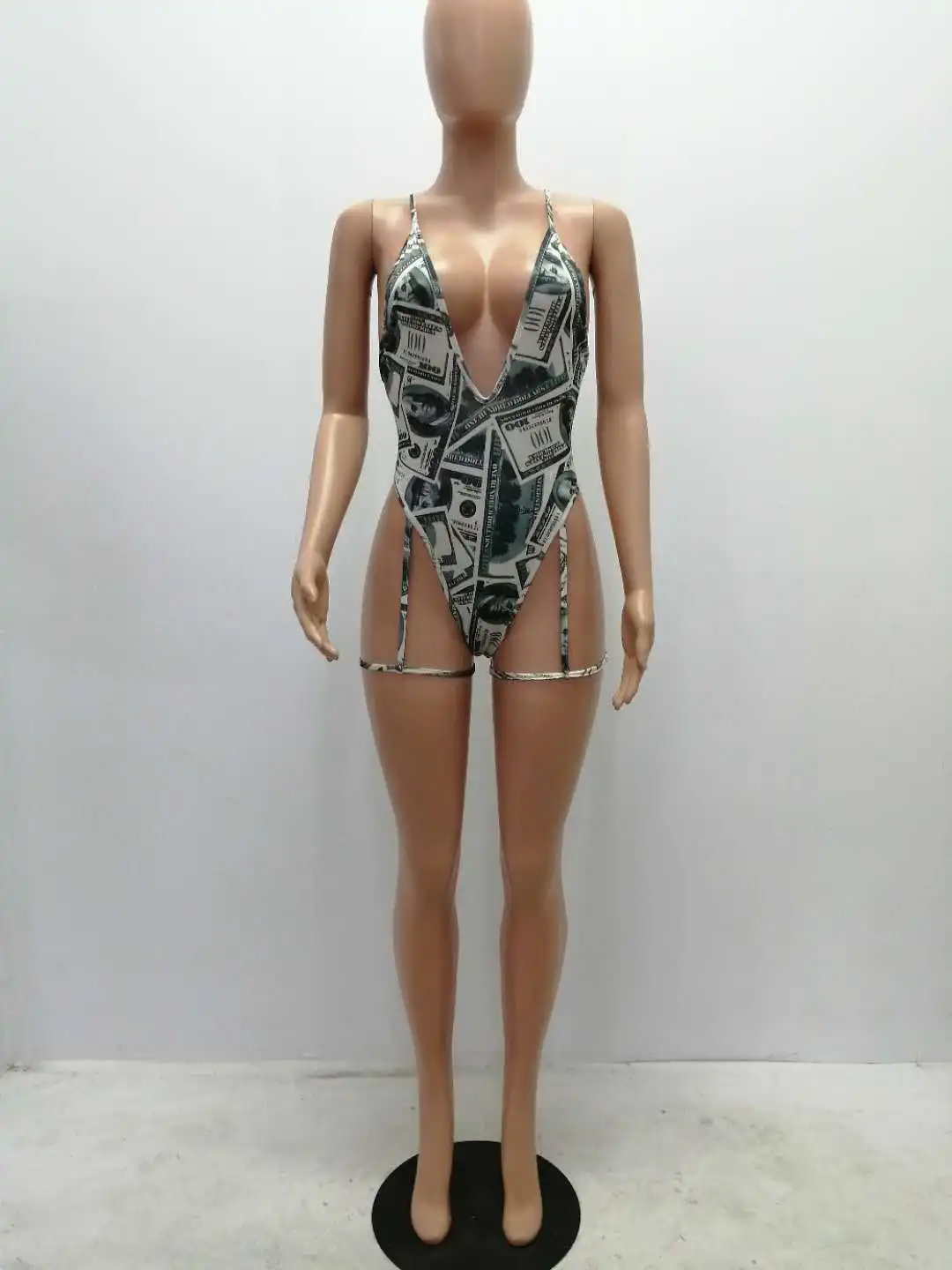 

Sexy Women Onesie Women Deep V Backless US Dollar Pattern Beach Style Jumpsuit Summer New Style