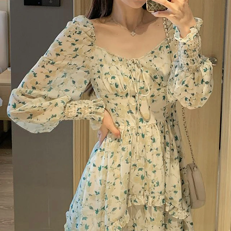 

Korean Style Square Collar Elegant Vingate Dress Women Long Sleeve Floral Printed Dress Beach Dress for Females 2021 Summer Chic