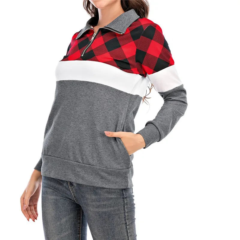 

Plaid Stitching Lapel Zipper Pocket Pullovers Women Hoodies Sweatshirt Casual Streetwear Plus Size Autumn New Lady England Style