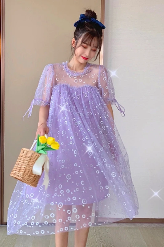 Женское свободное платье с юбкой откровенное сетчатое в корейском стиле круглым