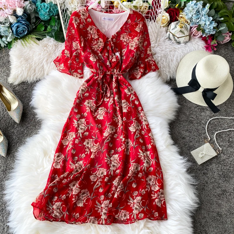 

Vintage Floral Chiffon Dress Women V Neck Short Sleeve Floral Dresses Lady Femme Elegant Vestidos Summer