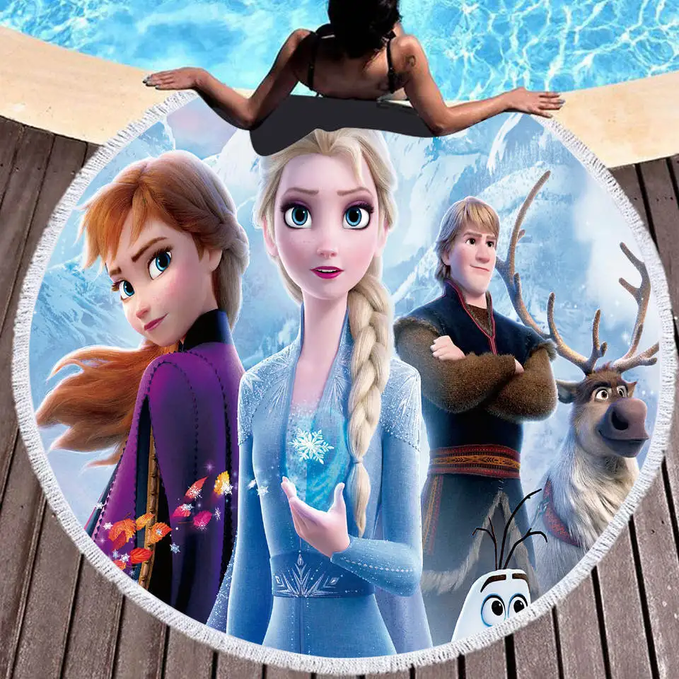 

150cm Frozen Rug Beach Towel Disney Aisha and Anna Mat 3D Digital Printing Round Bath Towel Tablecloth with Tassels