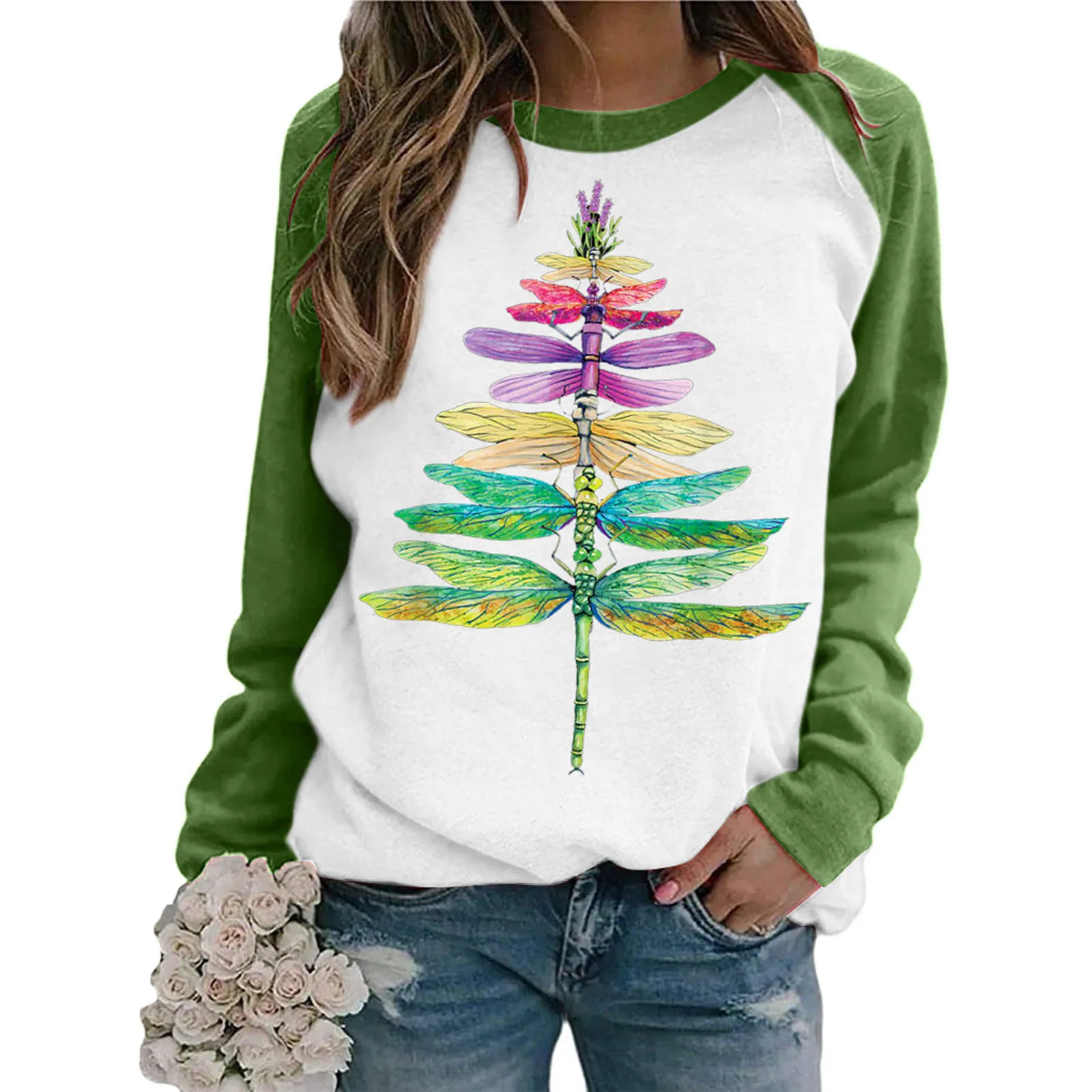 2021 Sweatshirt Women Cat Christmas Tree Dragonfly Christmas Tree Print Raglan Long Sleeve Sweatshirt Pullover Top Blouse #dz