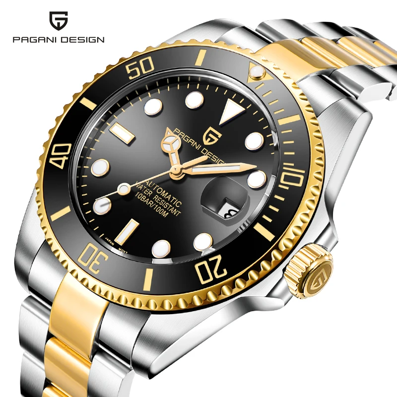 

PAGANI DESIGN Automatic Mens Watches Stainless Steel Bracelet Diver Dress Wrist Watch Ceramic Bezel Sapphire Dial Date Window