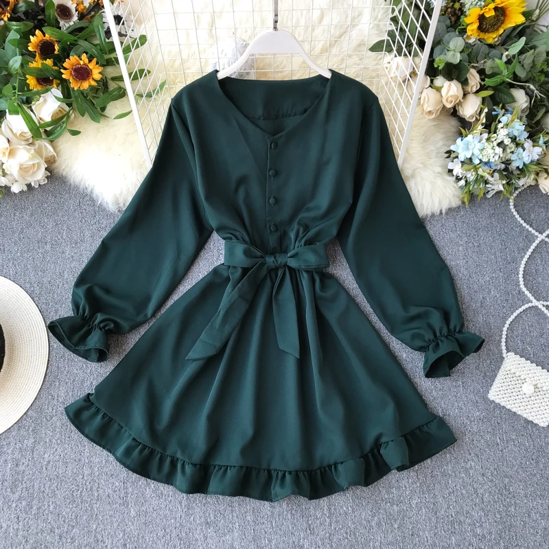 2019 Новое весенне осеннее однотонное платье с v образным вырезом и длинными