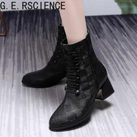 womens boots ankle boots 2021 autumn and winter new leather pointed toe martin boots plus velvet mid tube fashion boots