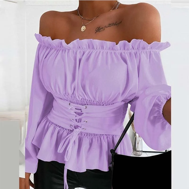 

New Women's Fashion Ruffled Lace Chiffon Solid Color Blouse Off-Shoulder Long Puff Sleeve Sweet Tops