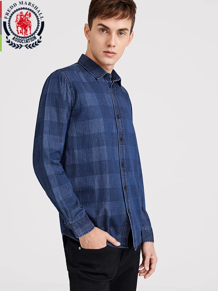 Fredd Marshall новинка 2019 мужская повседневная рубашка в клетку 100% хлопок модная синяя