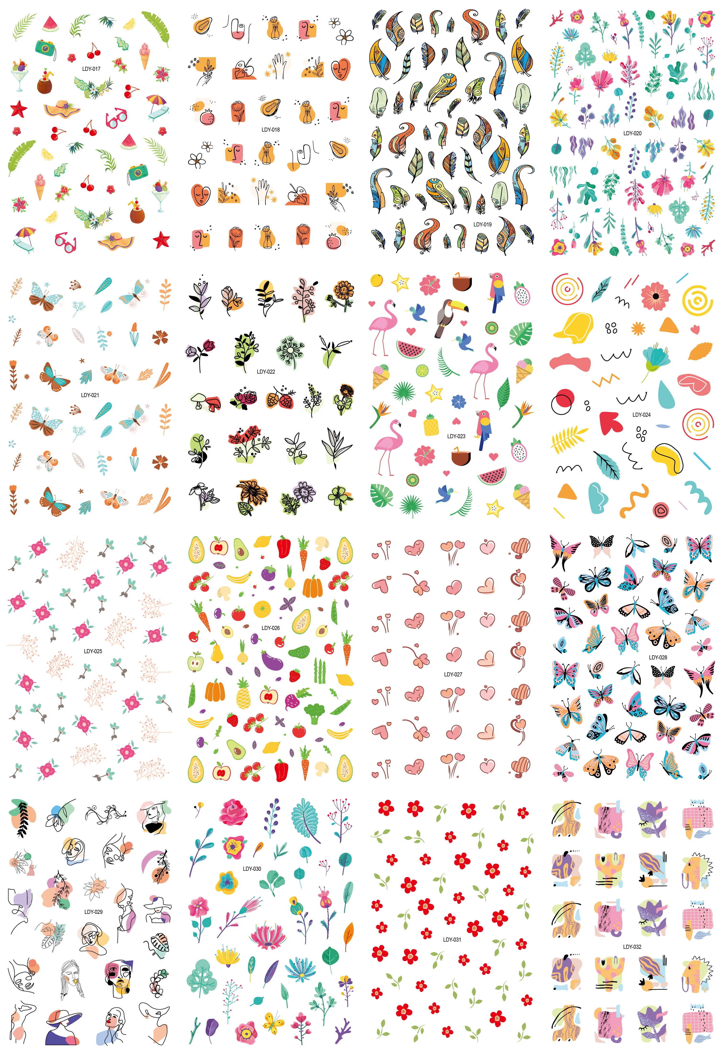 16pcs/Set Nail Art Sticker Abstract Line Face/Butterfly/Fruit/Flower Designs Sliders Manicure Self Adhesive Nail Decals VB-04