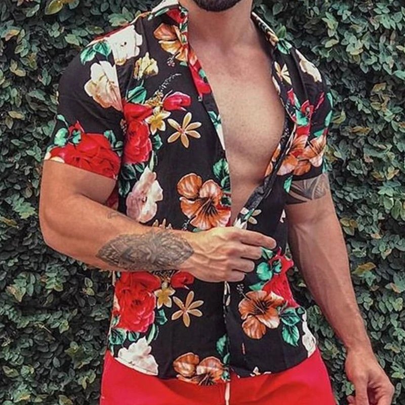 

Men's Shirt Fashion Beach Style Flower Shirt Lapel Thin Short-Sleeved Shirt 2022 Spring and Summer New