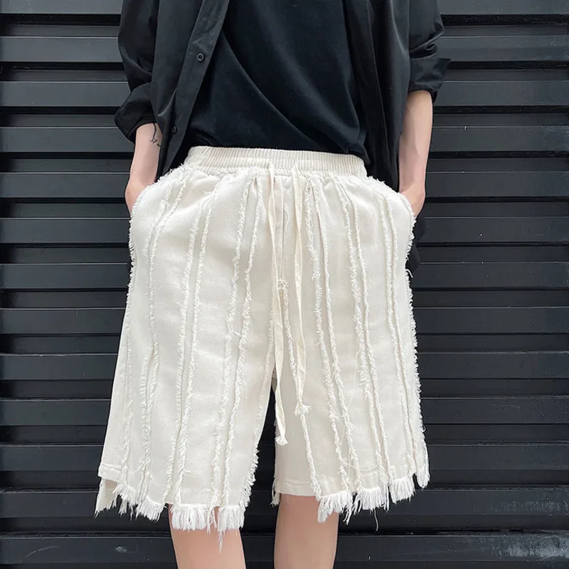 

IEFB 2021 Summer Patchwork Design Moustache Effect Ribbon Denim Knee Length Pants Drawstring Elastic Waist Men's Jeans Shorts