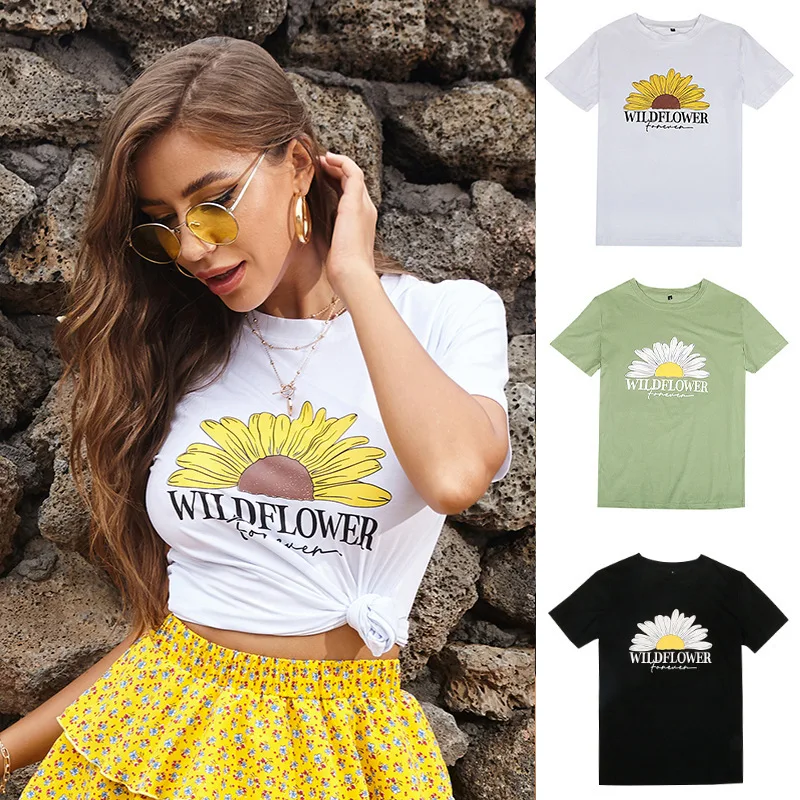 

Sumaton cross border trade round neck Daisy T-shirt women's printed short sleeve leisure trend new summer 2020