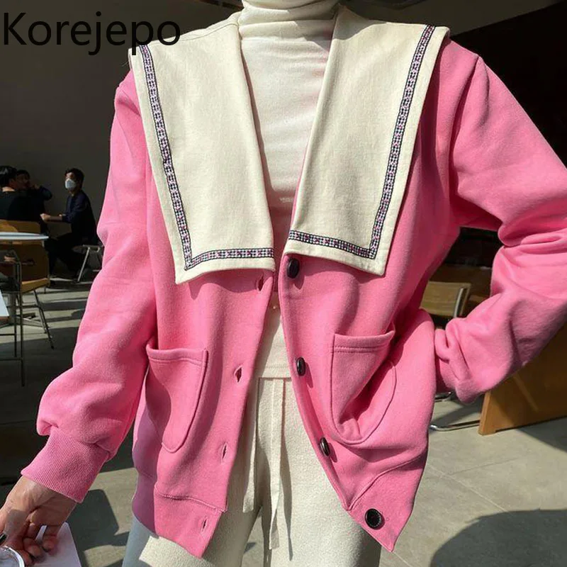 

Korejepo Korea Chic Coats Age Reduction Embroidery Contrast Large Lapel Single Breasted Loose Pocket Long Sleeve Cardigan Women