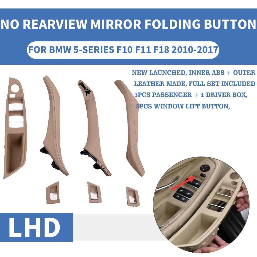 

LHD Left Hand Car Interior Door Pull Handle Leather Set No Rearview Mirror Folding Button For BMW 5 Series F10 F11 F18 520 525