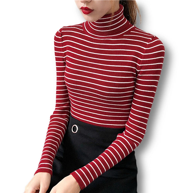 

2021 Spring New Turtleneck Knitted Women Sweaters And Pullovers Striped Slim Sexy High Elastic Elegant Lady Pulls Bottoming Tops