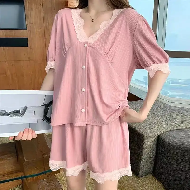 

Women's Pajama Set Summer Short Sleeve Shorts Sexy Lace Sleepwear Ladies Pijama Sets Homewear Plus Size Pyjamas