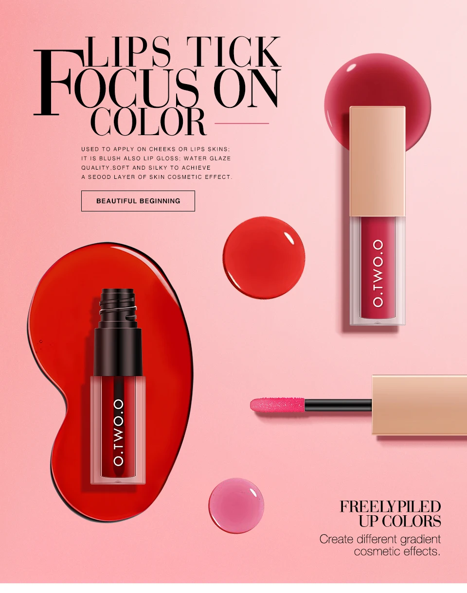 O.TWO.O 2 In 1 Lip Gloss+ Liquid Blusher Double Effect Long Lasting Waterproof 4 Colors Soft Silky Smooth Makeup