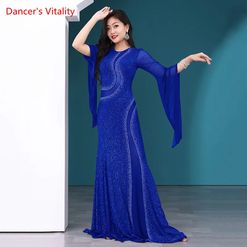 Платье для танца живота с камнями, длинная юбка из сетки и рукава "летучая мышь", взрослая одежда для выступлений в стиле Саиди балади, костюмы для танцоров.