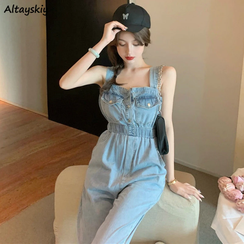 

Jumpsuits Women Vintage Suspender Elastic Waist Ladies Denim Jumpsuit Summer Full-length Chic Korean Trendy Teens Streetwear