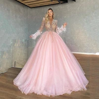 new elegant prom dresses luxury long sleeves feathers sequins sparkly ball gown women evening party night gowns plus size custom