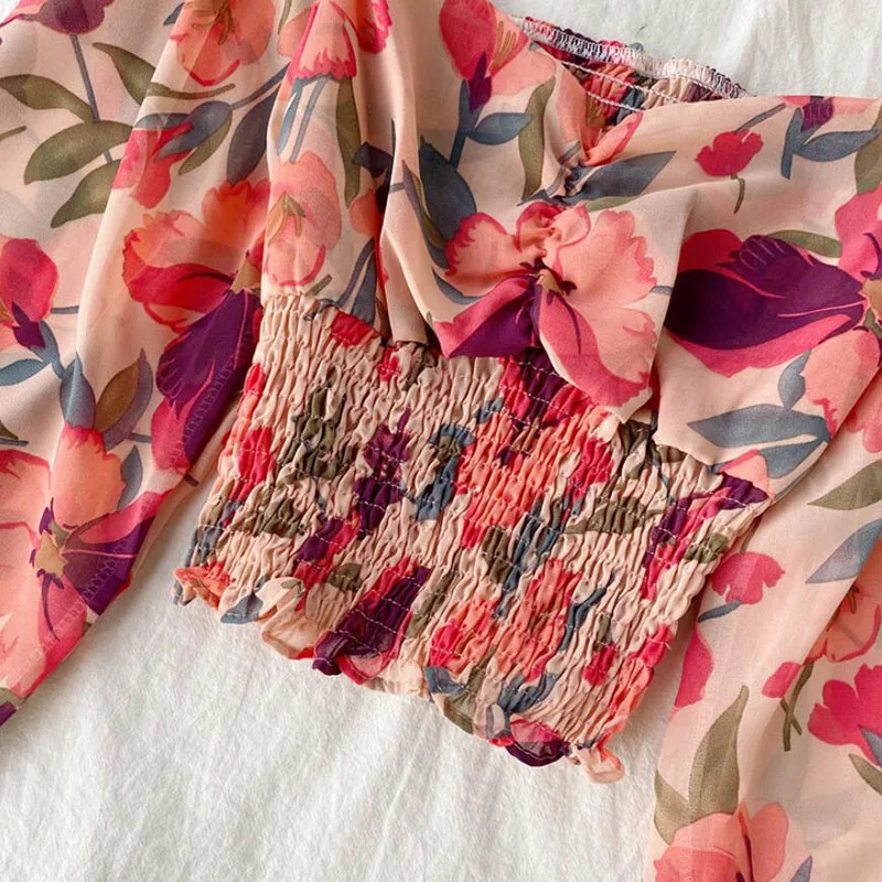 

2021Fashion Summer Clothing Floral Print Short Long sleeve Chiffon Shirt Elegant Square collar Ruffle Women Blouses Blusas Mujer