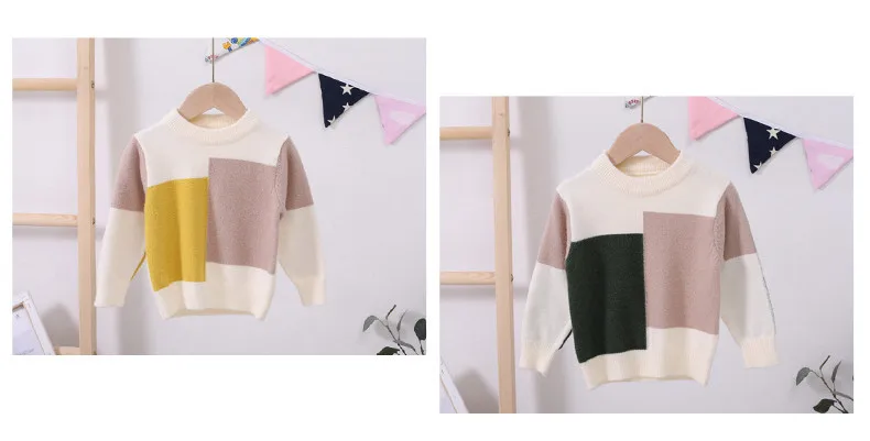 Autumn Winter Toddler Boys Sweater Baby Knitwear Tops Plaid Patchwork Kids Pullover Girls Clothes RT163