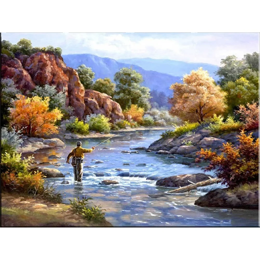 

DIY 5D Diamond Painting Full Round Landscape Diamond Picture Of Rhinestones Diamond Embroidery Fishing