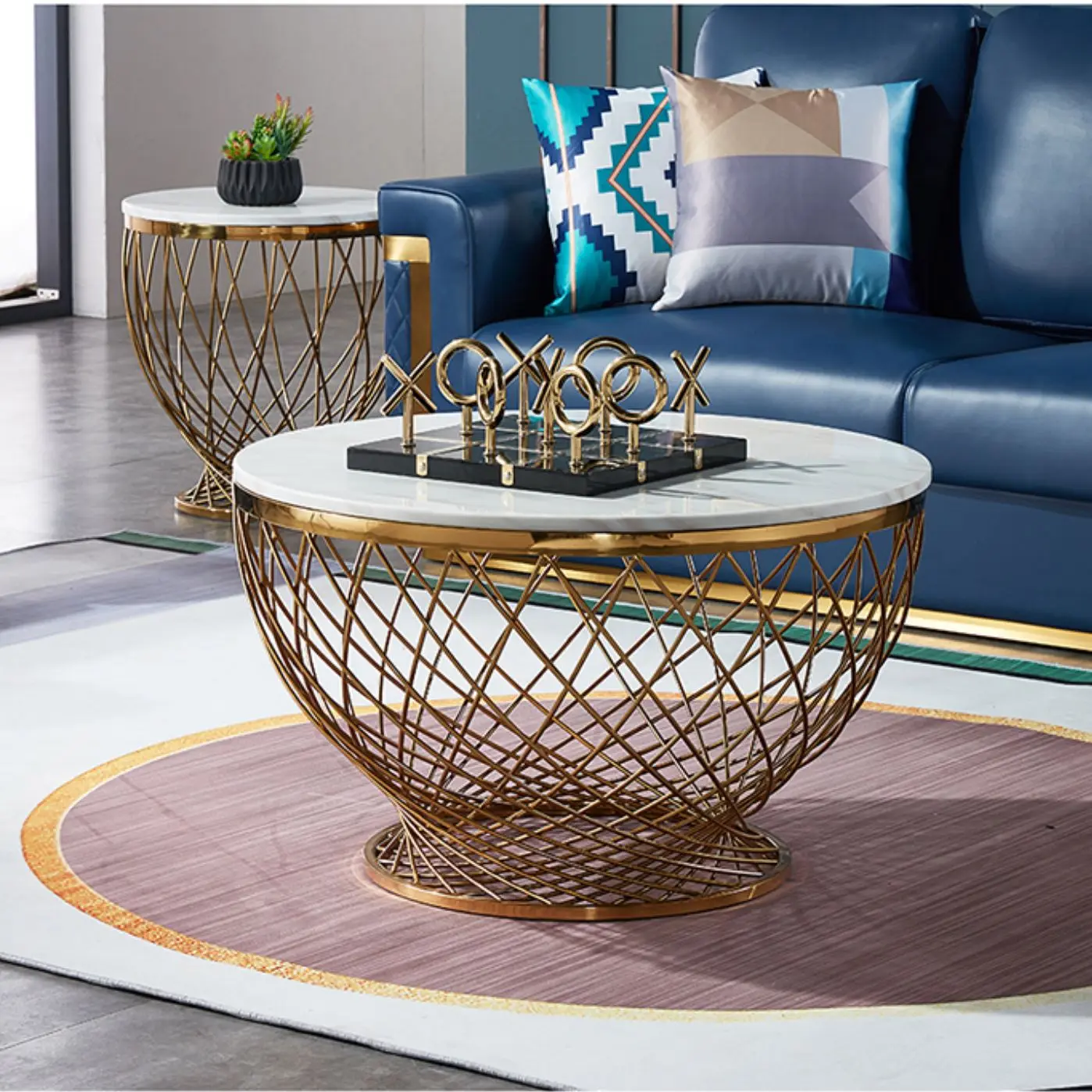 

Stainless Steel Coffee table White marble top with golden frame Villa Light luxury living room furniture Customization